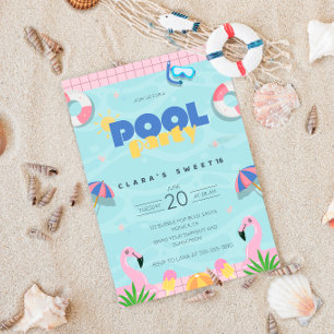 Pink & Yellow Sweet 16 Summer Pool Party  Invitation