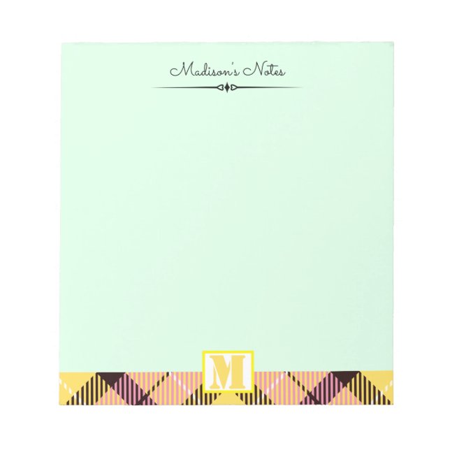 Pink Yellow Tartan Custom Script Monogram Celadon Notepad (Front)