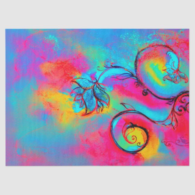PINK YELLOW TEAL BLUE WHIMSICAL FLOWERS Floral Tissue Paper (Front)