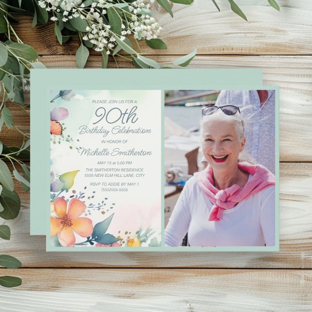 Pink Yellow Teal Pastel Floral 90th Birthday Photo Invitation (Pastel floral 90th birthday photo invitation)