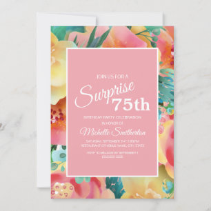 Pink Yellow Teal Watercolor Floral 75th Birthday Invitation