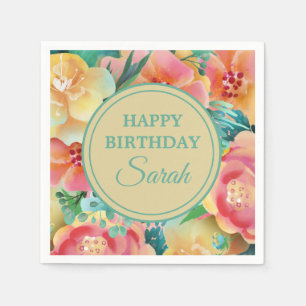 Pink Yellow Teal Watercolor Floral Happy Birthday Napkin