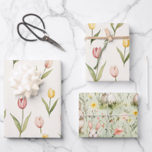 Pink Yellow Tulip Flowers Easter Wrapping Paper Sheet