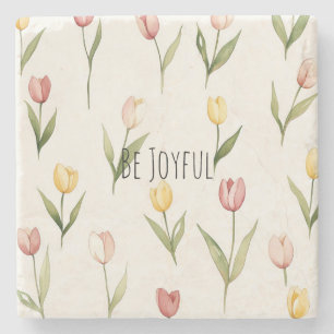 Pink Yellow Tulip Flowers Stone Coaster