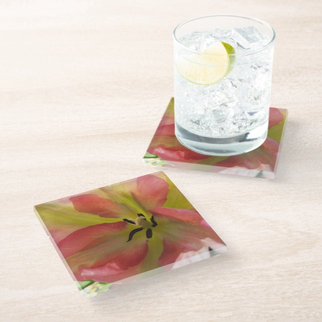 Pink & Yellow Tulip  Glass Coaster (Angled)