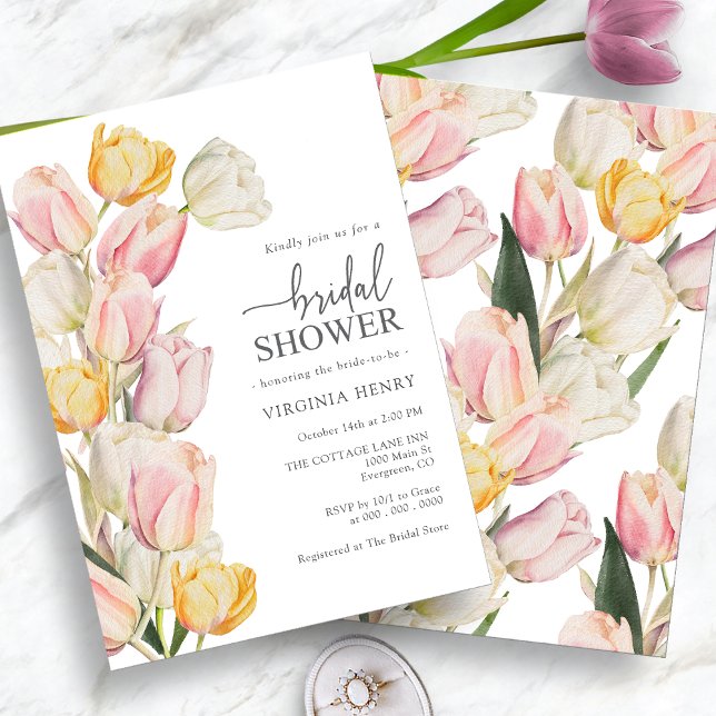 Pink Yellow Tulips Bridal Shower Invitation (Watercolor Pink Yellow Tulips Bridal Shower Invitation by Painted Paperie
)