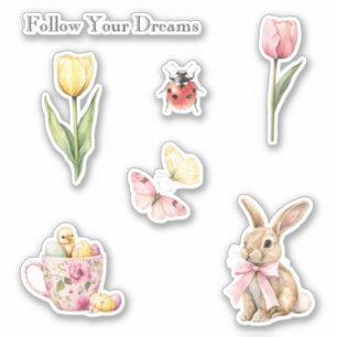 Pink Yellow Tulips Butterflies Bunny Ladybug