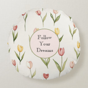 Pink Yellow Tulips Daffodils Flowers Dreams Round Cushion