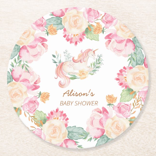 Pink Yellow Unicorn Floral Baby Shower Round Paper Coaster (Front)