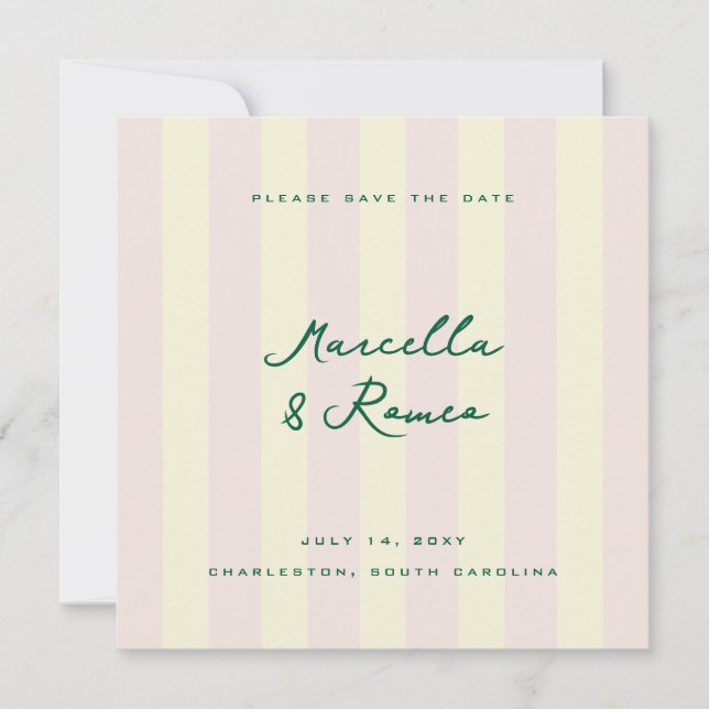 Pink Yellow Vertical Stripes Modern Save the Date (Front)