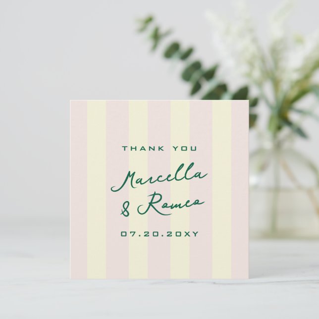 Pink Yellow Vertical Stripes Wedding Thank You Card (Standing Front)