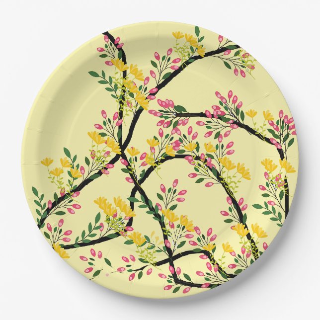 Pink Yellow Vine Blossoms  Paper Plate (Front)