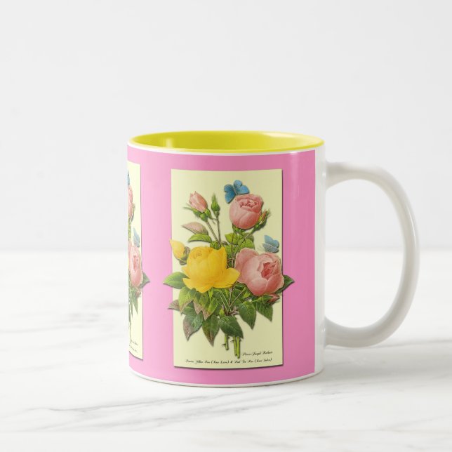 Pink Yellow Vintage Botanical Roses Coffee Cup (Right)