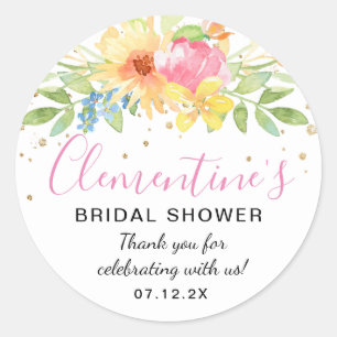 Pink Yellow Watercolor Bridal Shower Thank You Classic Round Sticker