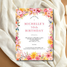 Pink Yellow Watercolor Floral 50th Birthday Her Invitation