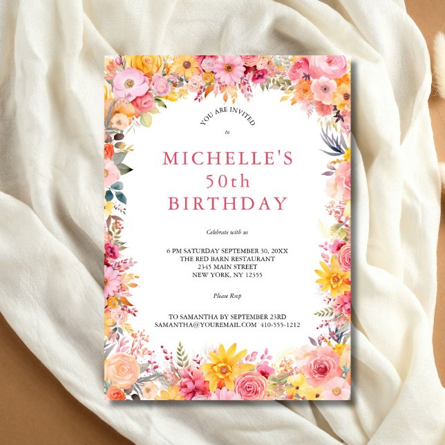 Pink Yellow Watercolor Floral 50th Birthday Her Invitation (Pink and Yellow Floral Elegant 50th Birthday party invitation for her)