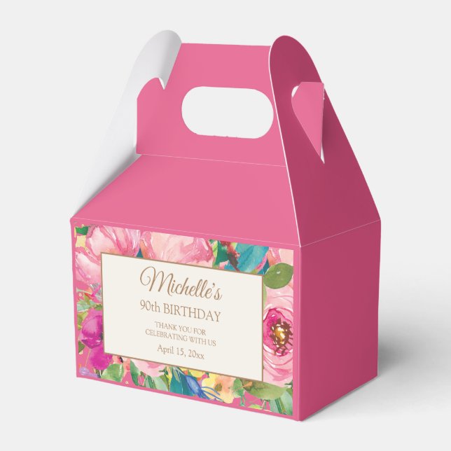 Pink Yellow Watercolor Floral 90th Birthday Favour Box (Front Side)