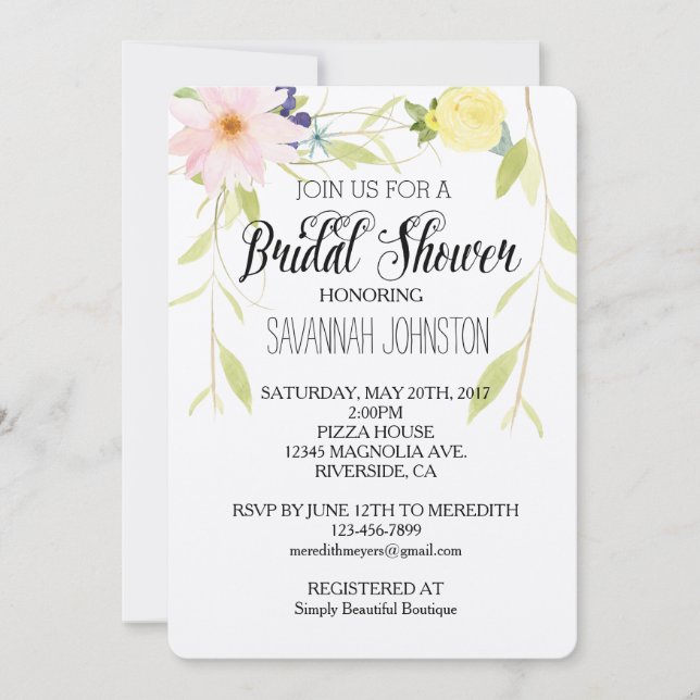 Pink Yellow Watercolor Floral bridal shower Invitation (Front)