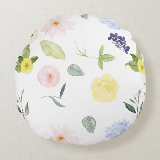 Pink Yellow Watercolor Floral Round Cushion (Front)