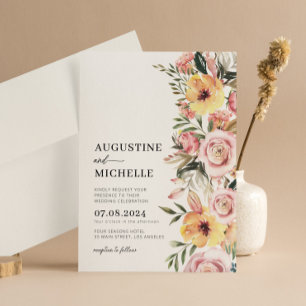 Pink & Yellow Watercolor Floral Spring Wedding Invitation