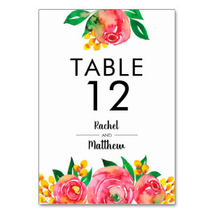 Pink, Yellow Watercolor Floral Table Numbers