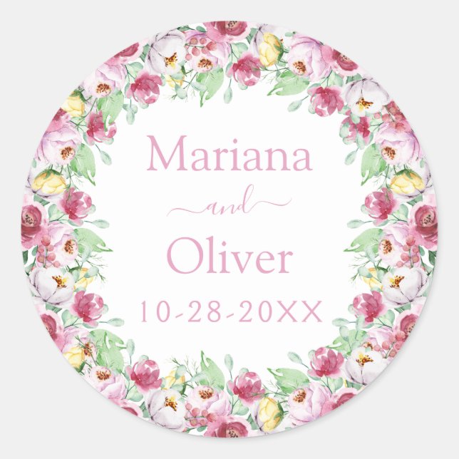 Pink Yellow Watercolor Floral Wedding Classic Round Sticker (Front)
