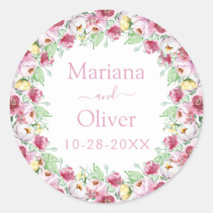 Pink Yellow Watercolor Floral Wedding Classic Round Sticker
