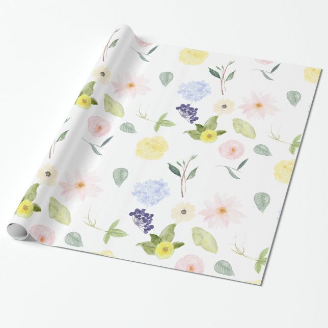 Pink Yellow Watercolor Floral Wrapping Paper (Unrolled)