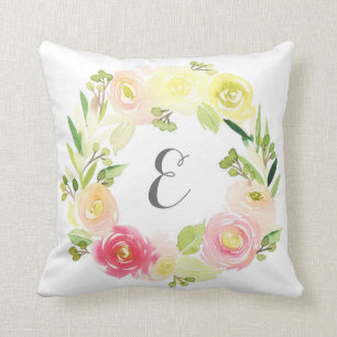 Pink & Yellow Watercolor Floral Wreath Monogram Cushion