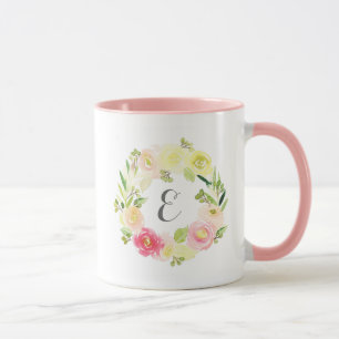 Pink & Yellow Watercolor Floral Wreath   Monogram Mug