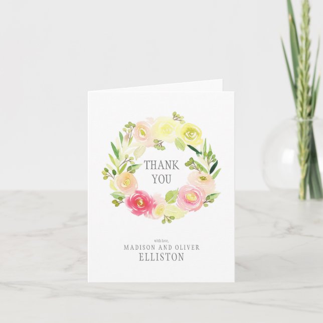Pink & Yellow Watercolor Floral Wreath | Thank You (Front)