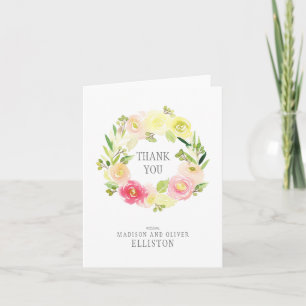 Pink & Yellow Watercolor Floral Wreath Thank You Card