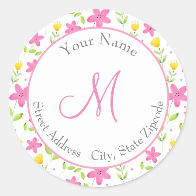 'Pink & Yellow Watercolor Flower Pattern'  Labels (Front)