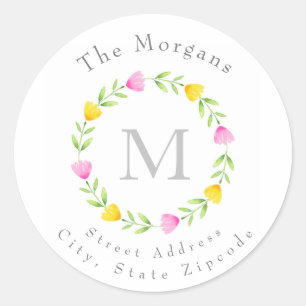 Pink, Yellow Watercolor Flower Stem Wreath Labels