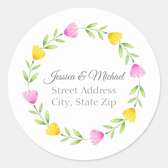 Pink, Yellow Watercolor Flower Wreath Labels (Front)