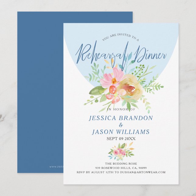 Pink & yellow watercolor flowers modern typography invitation (Front/Back)
