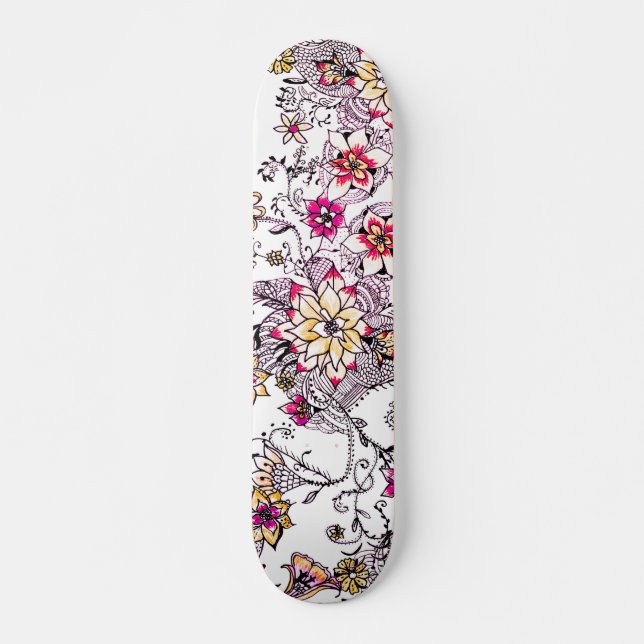 Pink yellow watercolor hand painted floral skateboard (Front)