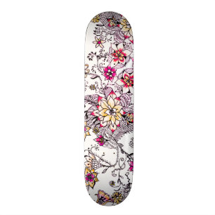 Pink yellow watercolor hand painted floral skateboard