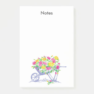 Pink yellow watercolor roses   rustic wheel barrow post-it notes