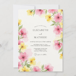 Pink Yellow Watercolor Spring Wedding Invitation