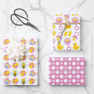 PINK YELLOW WHITE CUTE BABY GIRL ITEMS WRAPPING PAPER SHEET