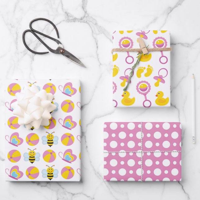 PINK YELLOW WHITE CUTE BABY GIRL ITEMS WRAPPING PAPER SHEET (Front)