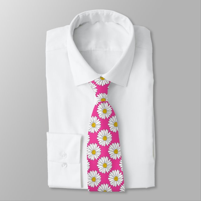 Pink Yellow White Daisy Pattern Tie (Tied)