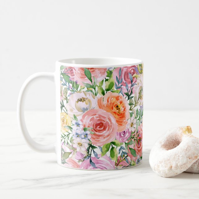 Pink Yellow White Orange Rose Flowers Pattern Coffee Mug (With Donut)