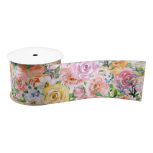 Pink Yellow White Orange Rose Flowers Pattern Satin Ribbon