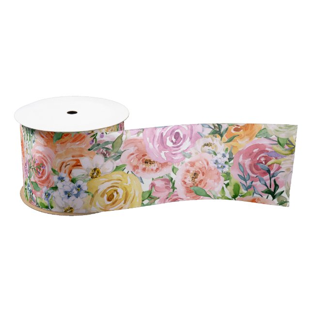 Pink Yellow White Orange Rose Flowers Pattern Satin Ribbon (Spool)
