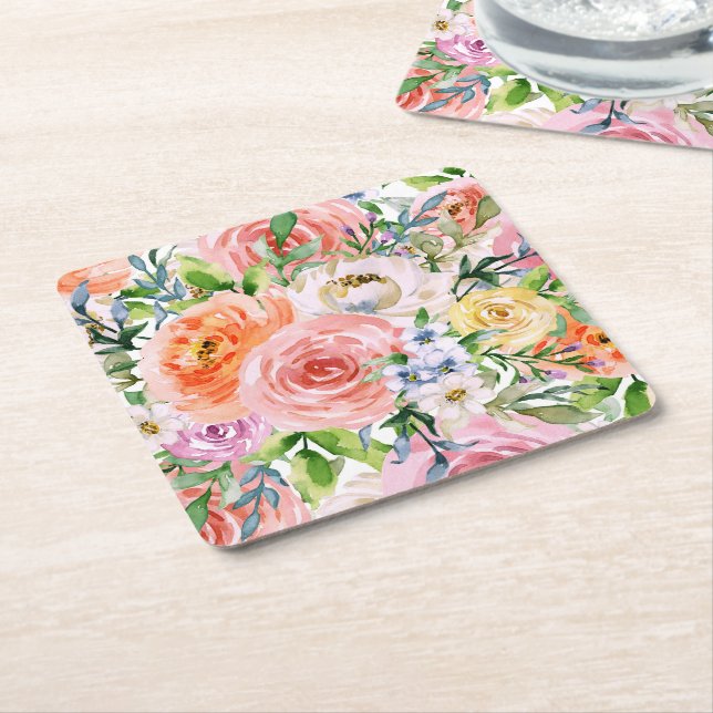 Pink Yellow White Orange Rose Flowers Pattern Square Paper Coaster (Angled)