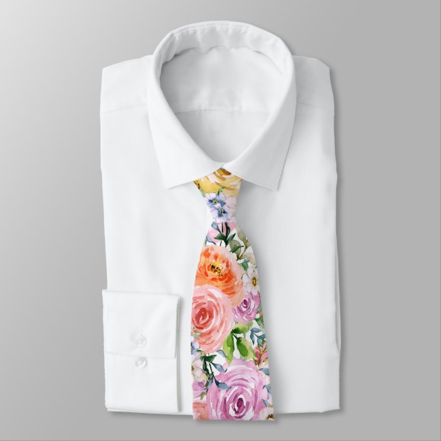 Pink Yellow White Orange Rose Flowers Pattern Tie (Tied)