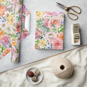 Pink Yellow White Orange Rose Flowers Pattern Wrapping Paper