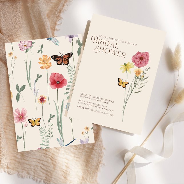 Pink Yellow Wildflower Bridal Shower Invitation (Simple Pink Yellow Wildflower Bridal Shower Invitation)